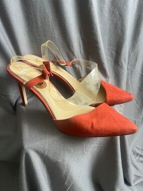 Jessica Simpson Red Suede Pointed Toe Slingback Heels with Clear Strap